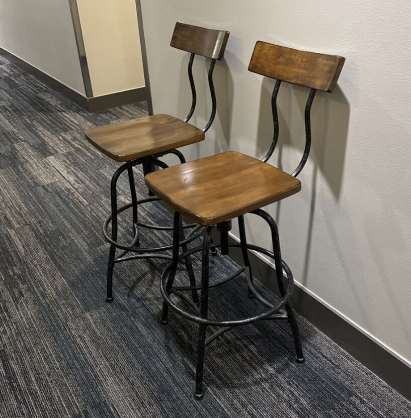 4 Barstools w/ Metal Frame Wood Seat Brown