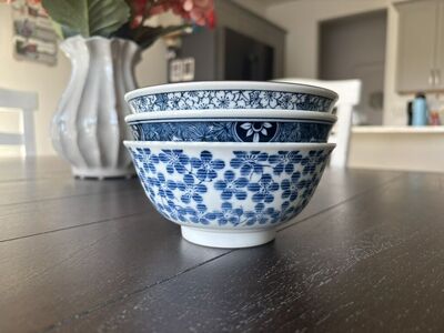 3 Blue & White Floral Ceramic Bowls