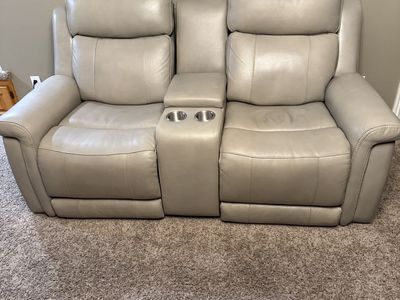 Taupe Leather Reclining Loveseat with Console and Cupholders - Excellent Condition