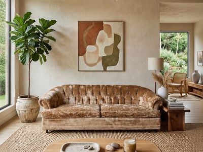 Vintage Mid Century Champagne Tan Velvet Tufted Sofa Couch w/Tapered Legs
