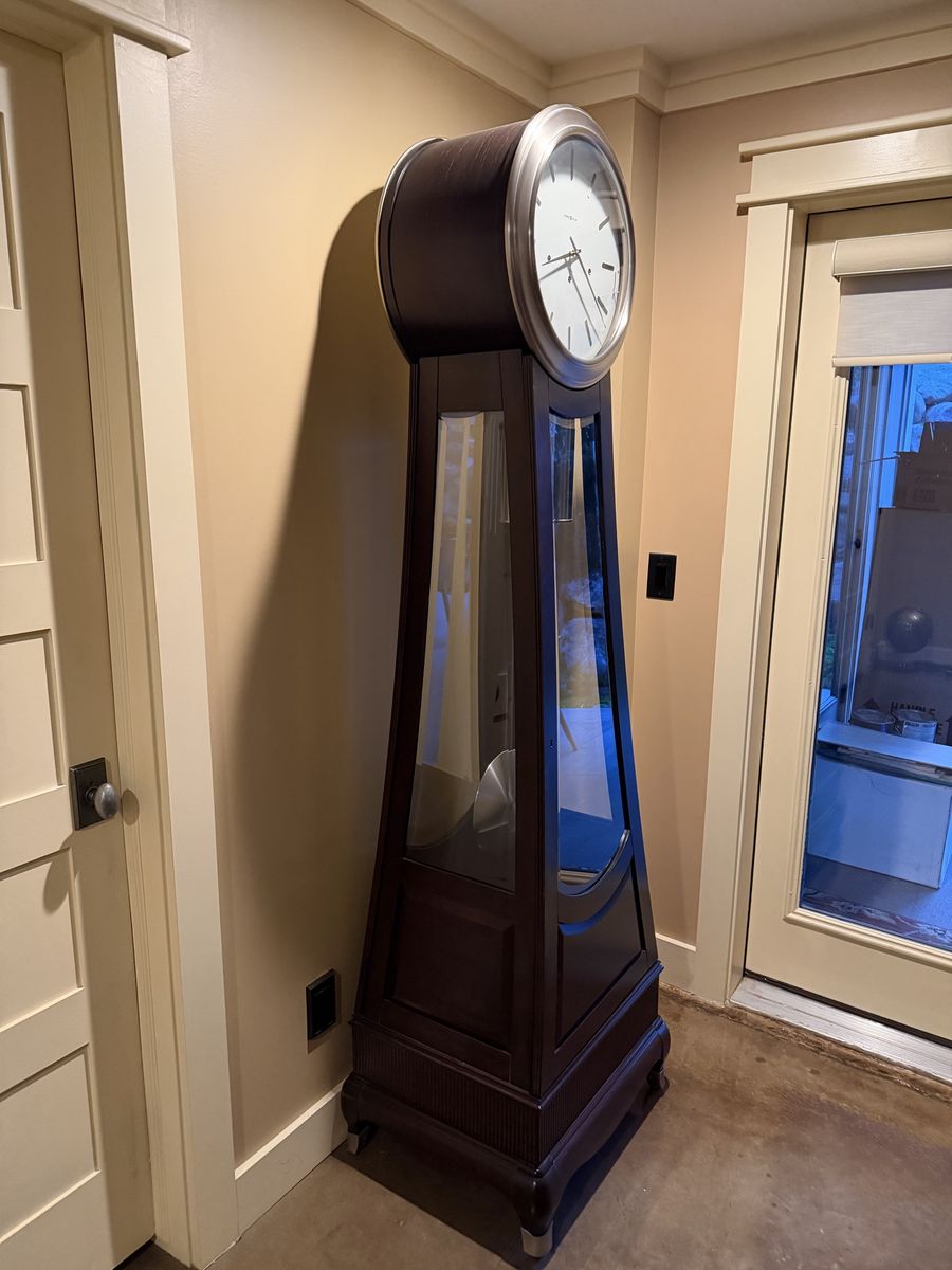 Howard Miller Grandfather Clock Dark Wood and Brushed Nickel Modern Design