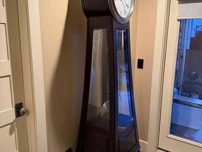 Howard Miller Grandfather Clock Dark Wood and Brushed Nickel Modern Design