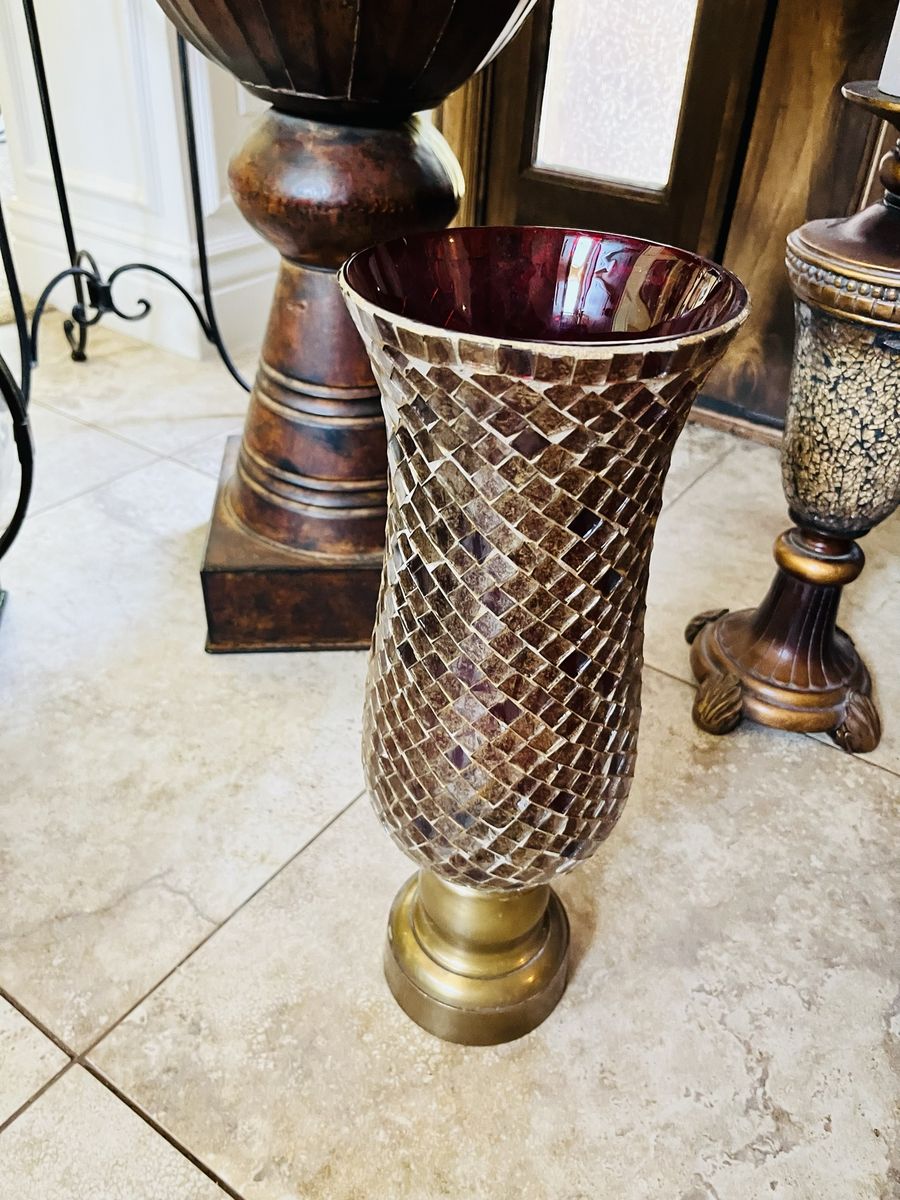 Decorative Mosaic Red Glass Vase with Gold Base - Ornate Home Decor Accent Piece