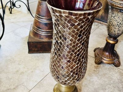 Decorative Mosaic Red Glass Vase with Gold Base - Ornate Home Decor Accent Piece