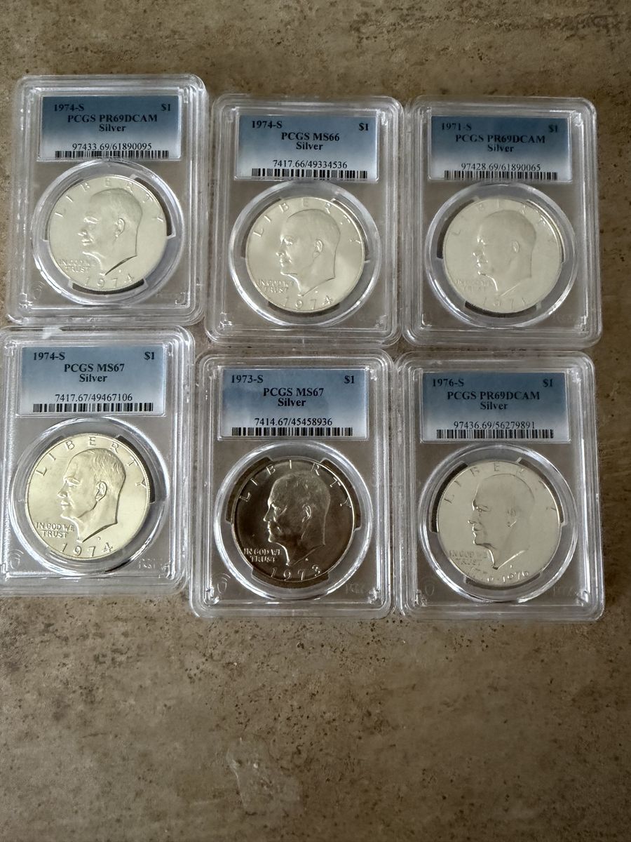 Set of 6 PCGS Graded Eisenhower Silver Dollars - 1971-S, 1973-S, 1974-S, 1976-S Proof & MS Coins