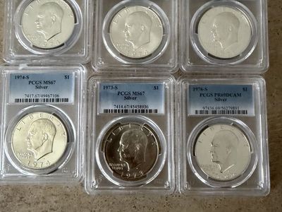 Set of 6 PCGS Graded Eisenhower Silver Dollars - 1971-S, 1973-S, 1974-S, 1976-S Proof & MS Coins