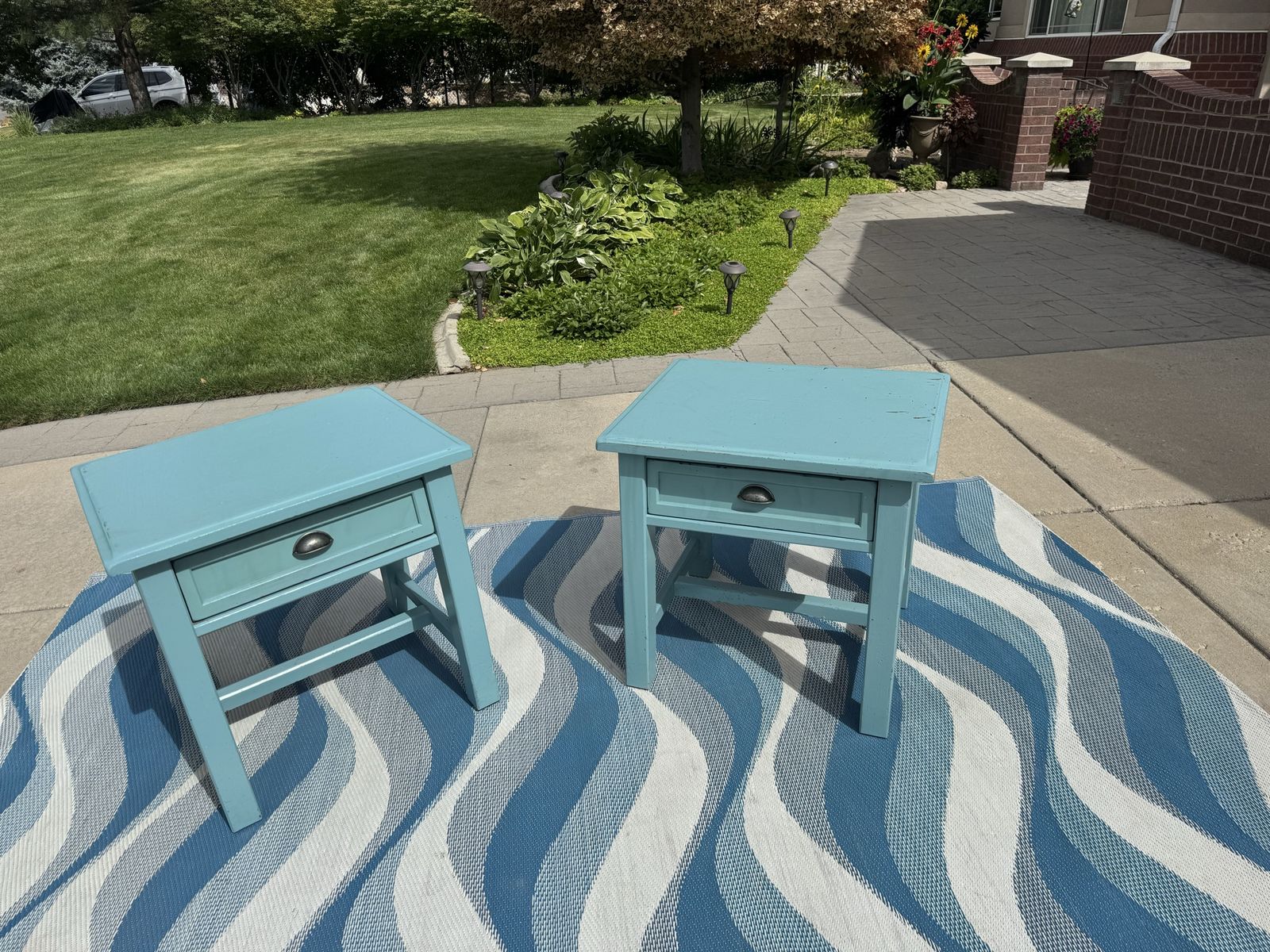 2x Blue Wooden Nightstands with Single Drawer Tables