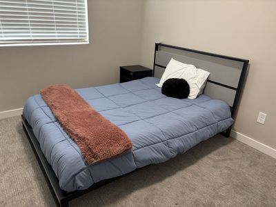 Full bed frame, mattress, night stand