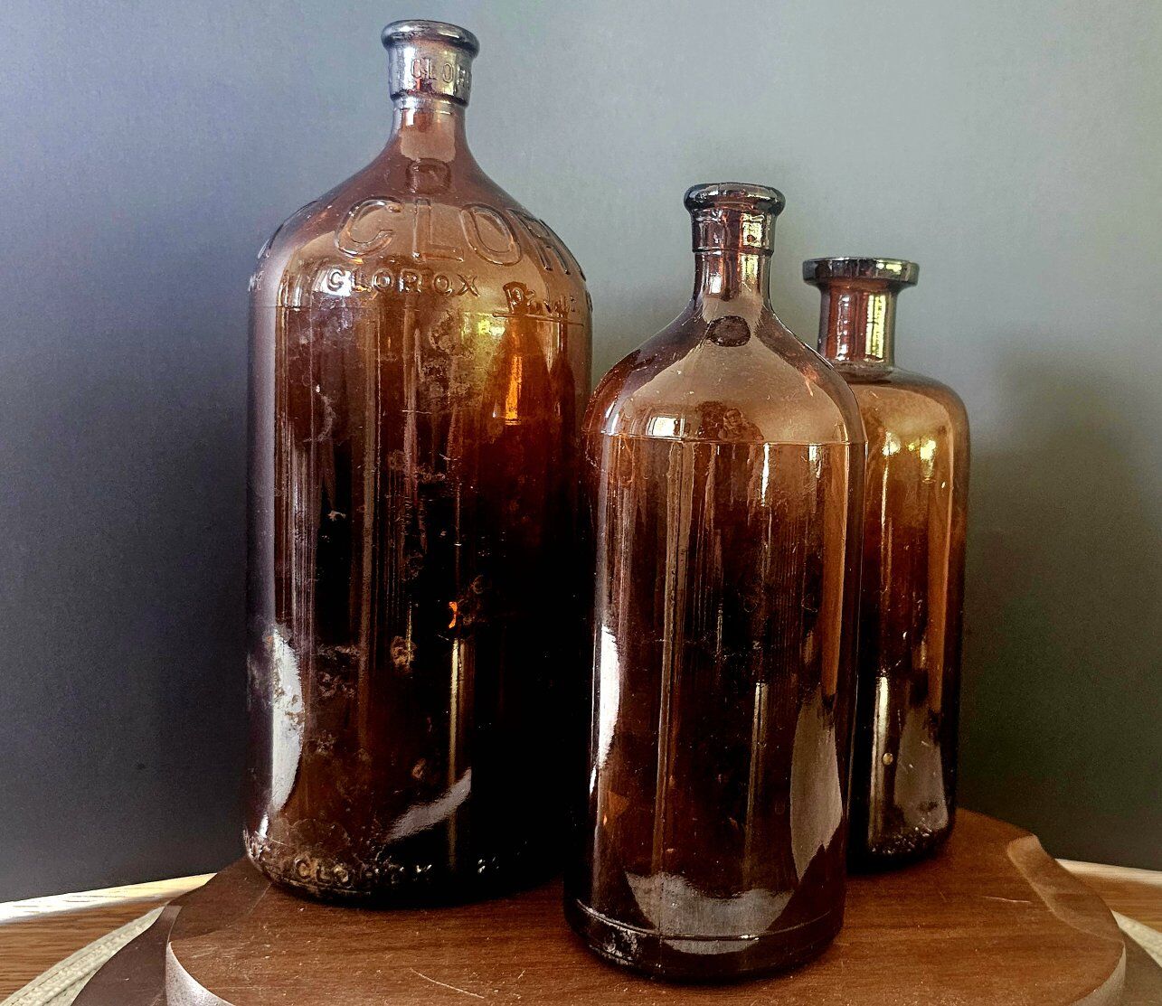 3 Antique Amber Bottles With 2 Labeled Clorox