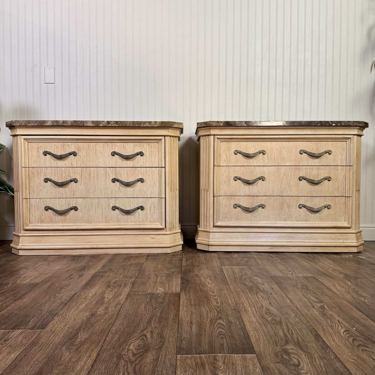 Vintage Bernhardt Neoclassical Revival Marble Top 3-Drawer Nightstands