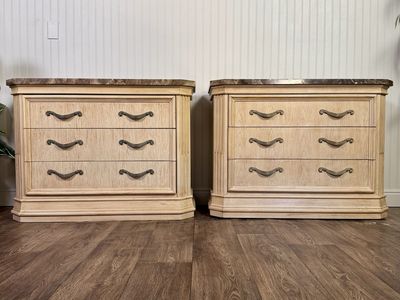 Vintage Bernhardt Neoclassical Revival Marble Top 3-Drawer Nightstands