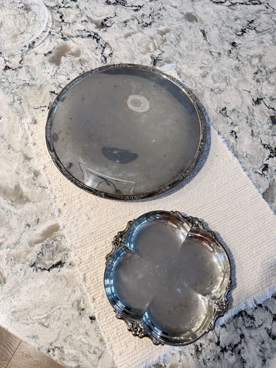Two Vintage Silver-Plated Serving Trays - Round & Clover Leaf Shape, Ornate Edges