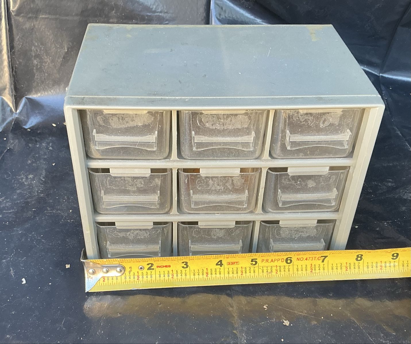 Vintage Small Parts Organizer Cabinet, 9-Drawer Desktop Storage Unit, Clear Plastic Bins