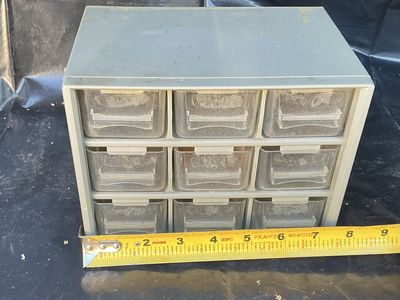Vintage Small Parts Organizer Cabinet, 9-Drawer Desktop Storage Unit, Clear Plastic Bins