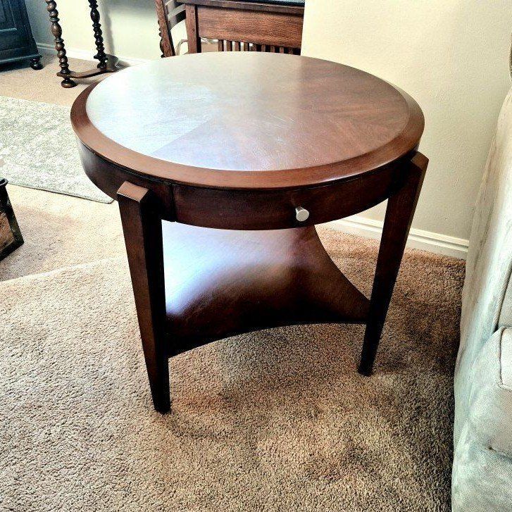 Round Wood End Table with Drawer & Shelf - Dark Cherry Finish