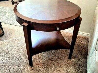 Round Wood End Table with Drawer & Shelf - Dark Cherry Finish