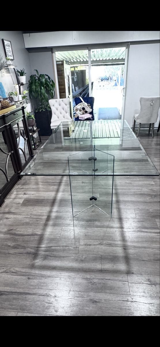 Modern All-Glass Dining Table with Glass Pedestal Legs - As Is (has a damage on the legs but doesn’t affect anything 
