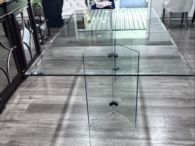 Modern All-Glass Dining Table with Glass Pedestal Legs - As Is (has a damage on the legs but doesn’t affect anything