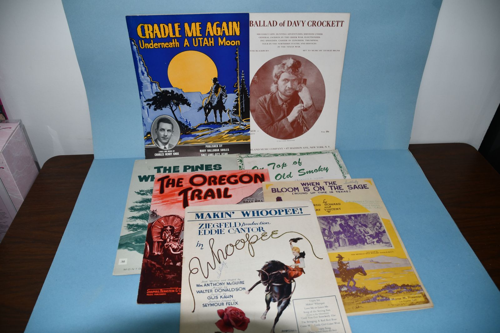 7 VINTAGE SHET MUSIC ~ WESTERN ~ DAVY CROCKETT, WHOOPEE, UTAH MOON, OREGON TRAIL....
