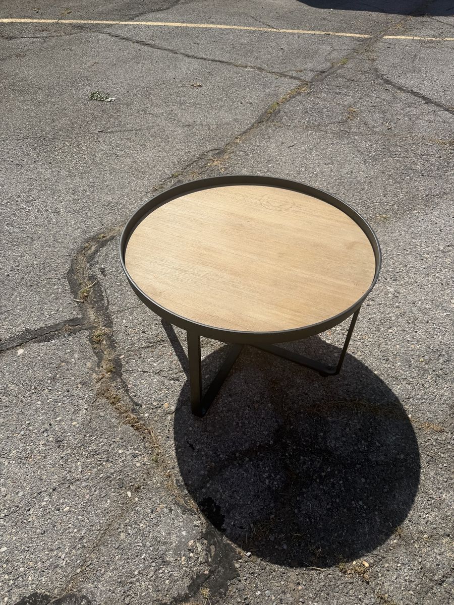 Modern Round Wood Top Coffee Table with Black Metal Base