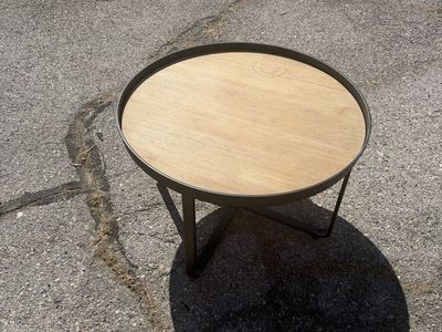 Modern Round Wood Top Coffee Table with Black Metal Base