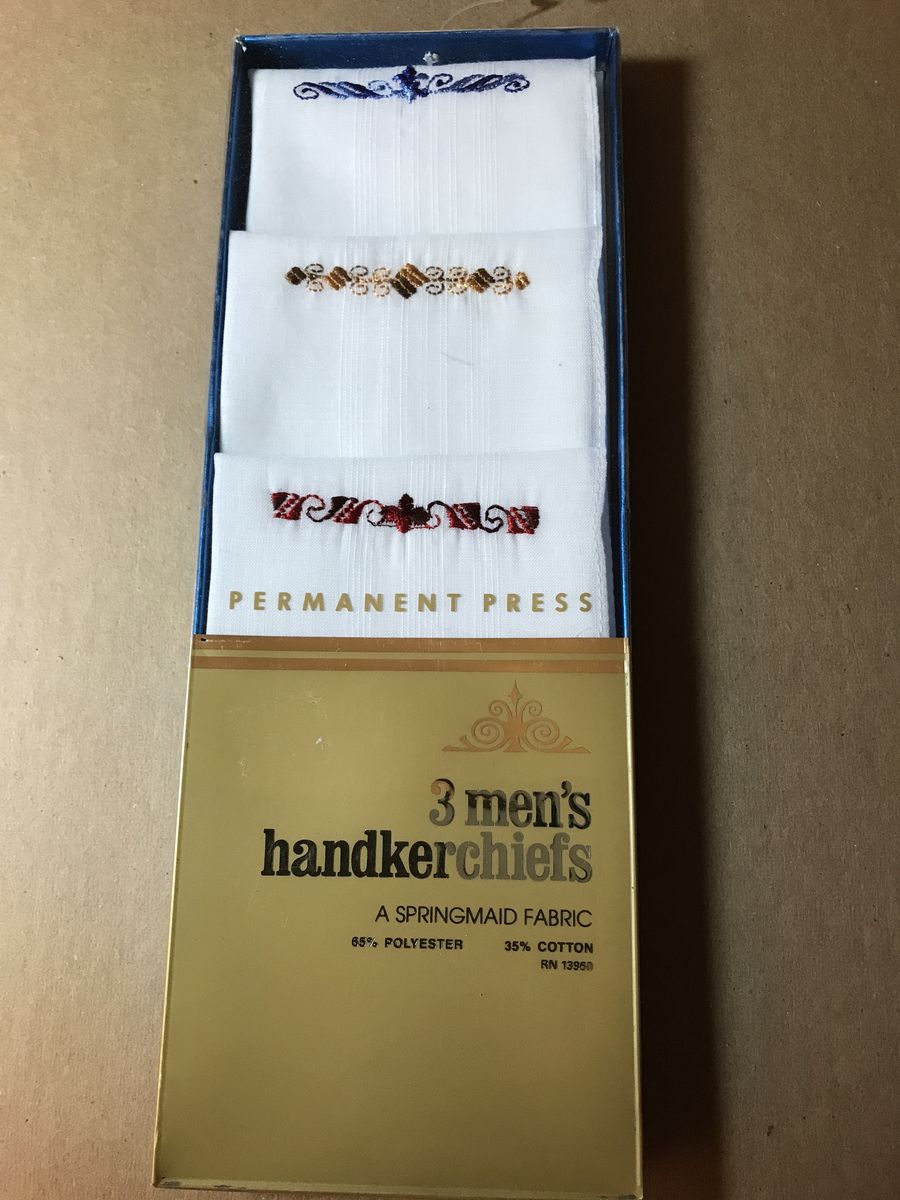 3 Men's Handkerchiefs - A Springfield Fabric Permanent Press Embroidered, NEW Vtg.