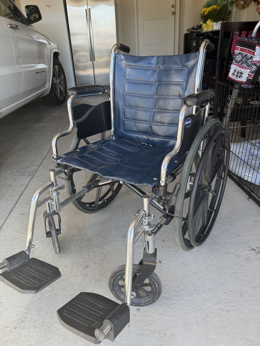 Invacare Tracer EX2 Wheelchair - Blue Vinyl, Detachable Footrests, Good Condition
