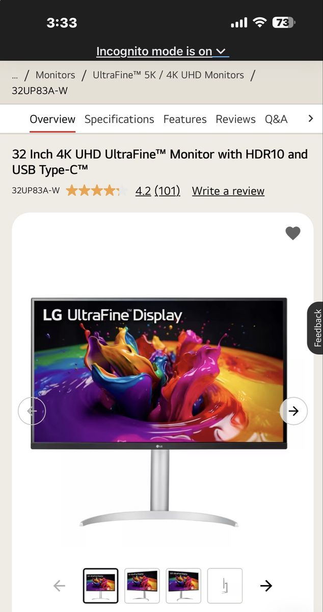 LG 32UP83A-W UltraFine 32" 4K UHD IPS Monitor w/ HDR10, USB-C, AMD FreeSync