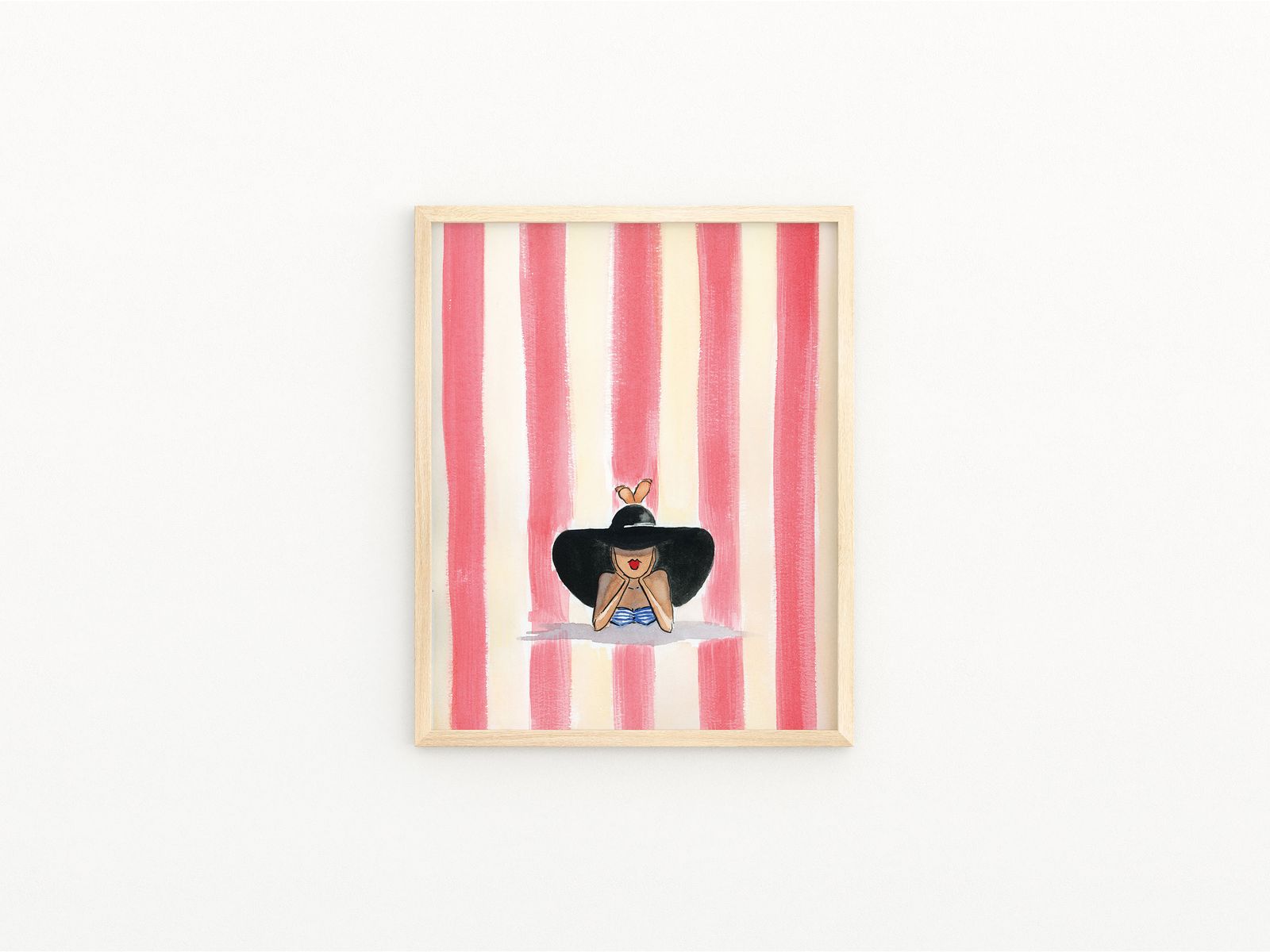 Woman at the Beach Fashion Print: Pink Stripes, Summer Coastal Wall Art