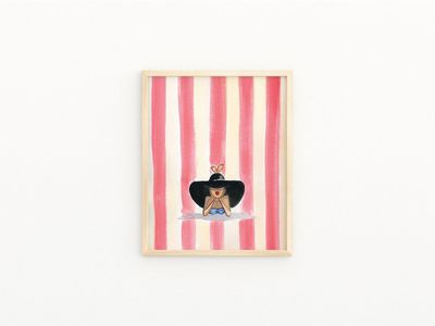 Woman at the Beach Fashion Print: Pink Stripes, Summer Coastal Wall Art
