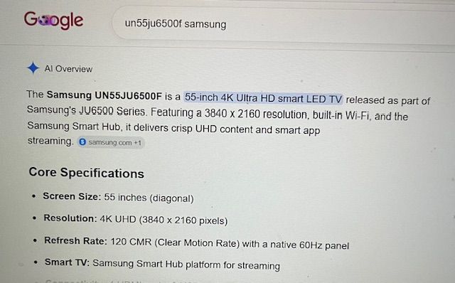 Samsung UN55JU6500F is a 55-inch 4K Ultra HD smart LED TV (USED, VERY CLEAN) $120.00