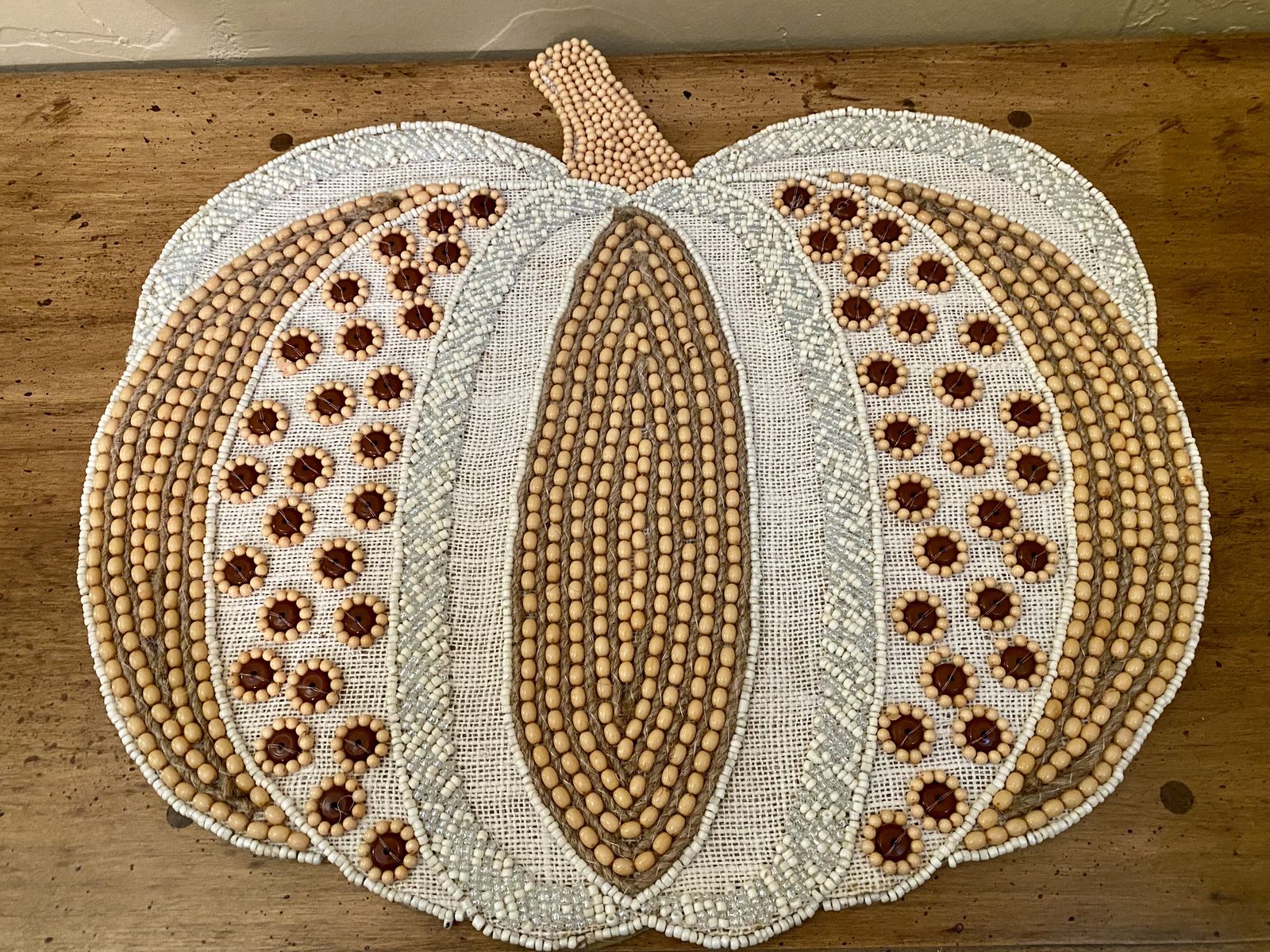 16x14 Handmade Vintage Beaded Pumpkin Art/Placemat Neutral Decor - Would Be Cute In A Frame - C PIX