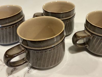 Vintage Denby-Langley Sonnet pattern mugs.made in England. 8 cups, 1 creamer, 1 bowl
