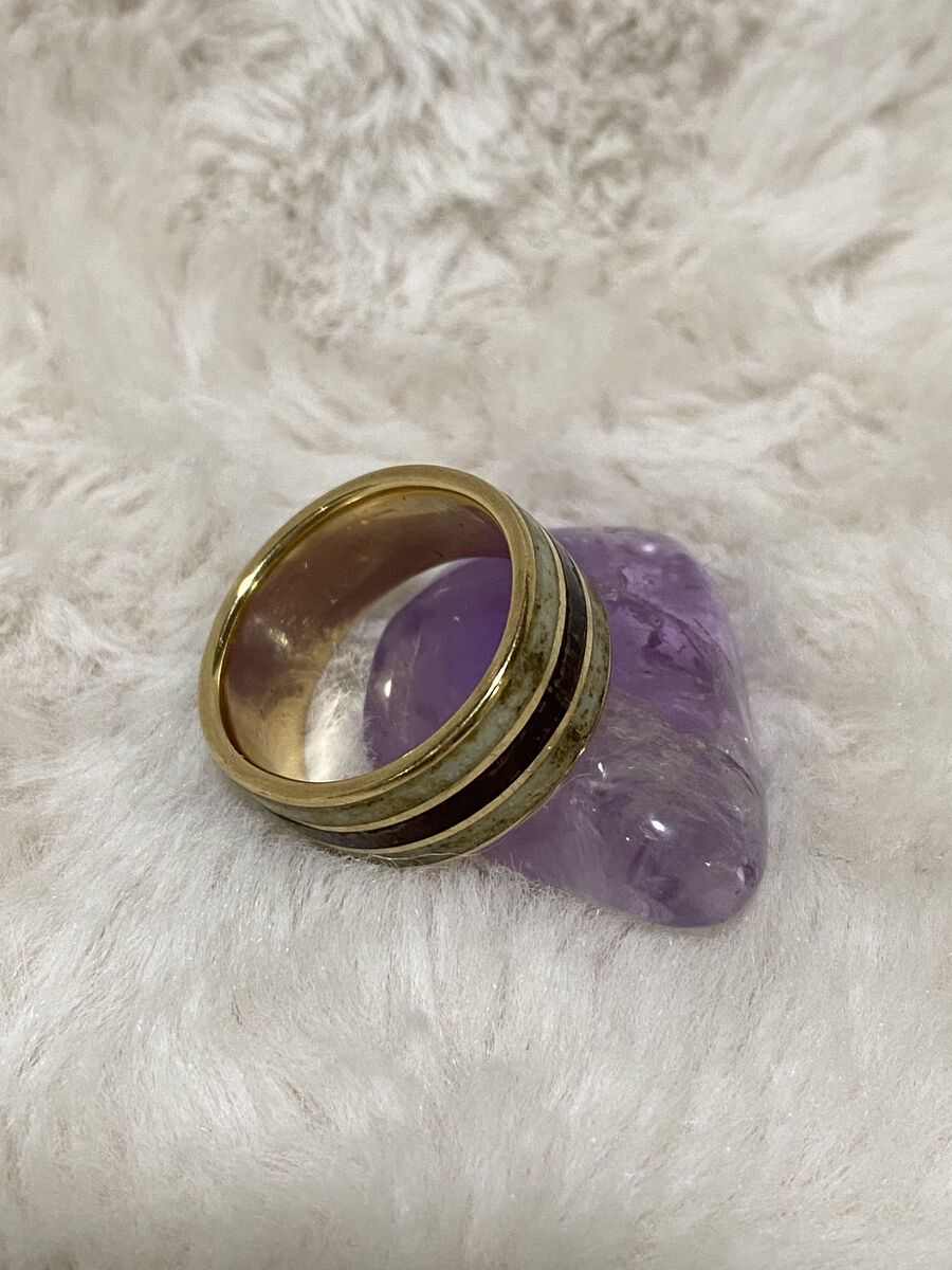 Unisex Solid Gold Ring w. Elk Antler & Purpleheart Wood Inlay Size 6.25