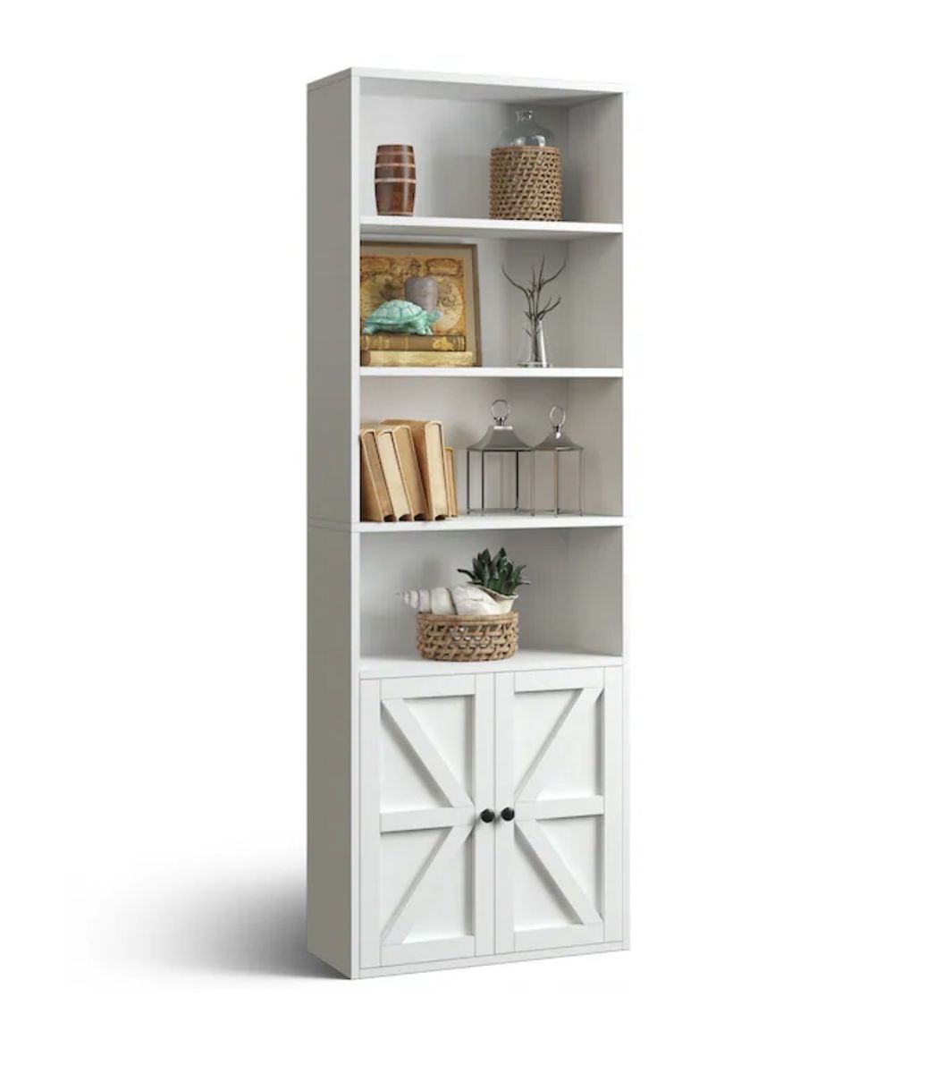 White Farmhouse Tall Bookcase with Storage Cabinet - 5-Tier Bookshelf with Barn Doors