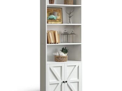 White Farmhouse Tall Bookcase with Storage Cabinet - 5-Tier Bookshelf with Barn Doors