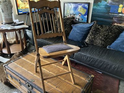Vintage Oak Wood Folding Chair with Scalloped Back and Upholstered Seat
