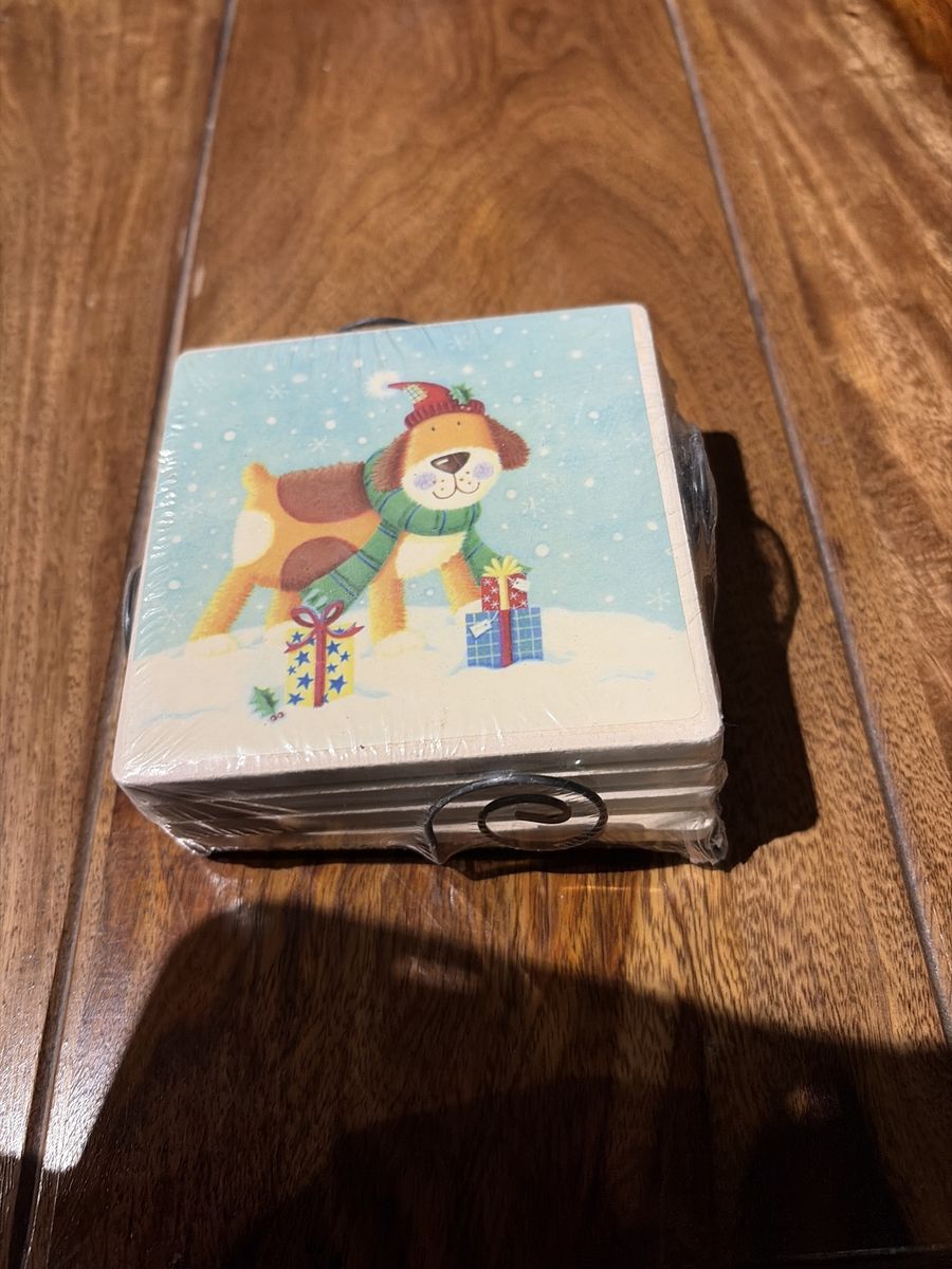 Cute Christmas Puppy Thirsty Stone Coasters - Holiday Beverage Mats, Set of 4