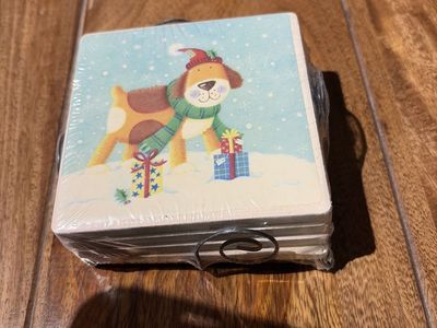 Cute Christmas Puppy Thirsty Stone Coasters - Holiday Beverage Mats, Set of 4