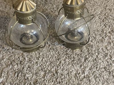 Vintage Brass & Glass onion Orb Nautical Lanterns - Set of 2 Hurricane Lamps, Maritime Decor