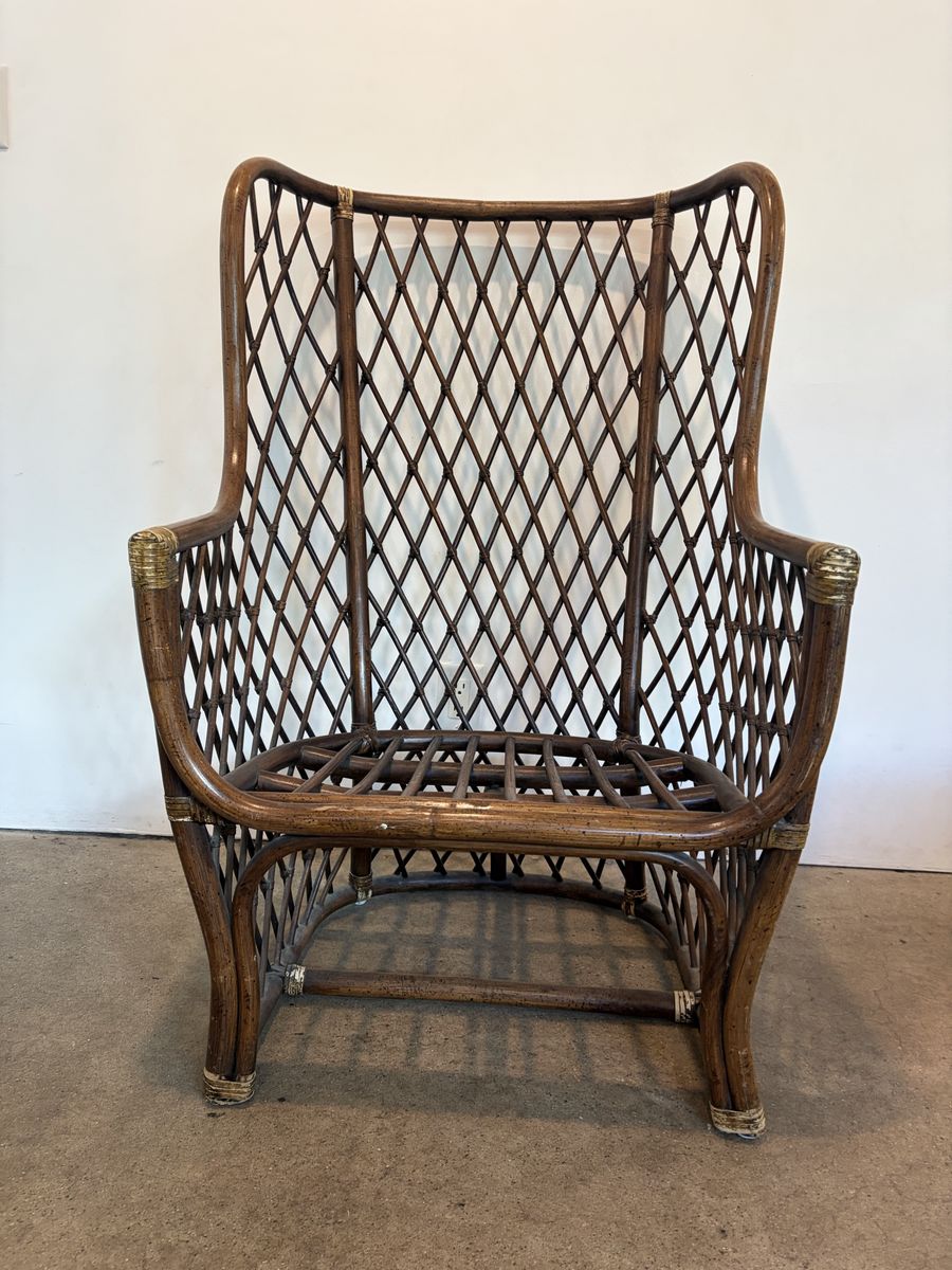Vintage Rattan Woven Lattice High-Back Armchair with Brass Accents - Mid-Century Modern Chair