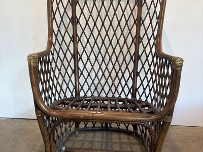 Vintage Rattan Woven Lattice High-Back Armchair with Brass Accents - Mid-Century Modern Chair