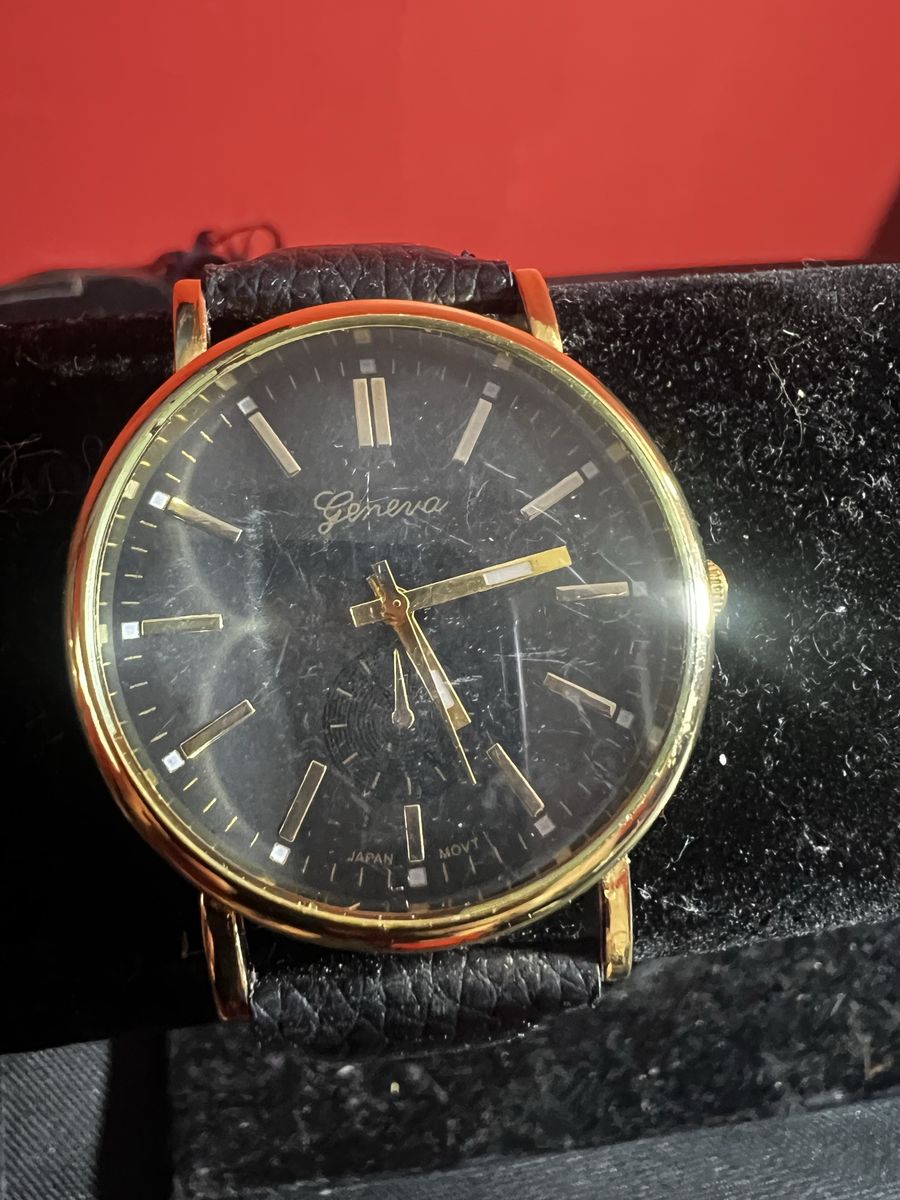 Geneva Quartz Watch Black Dial Gold Tone Case Black Faux Leather Strap