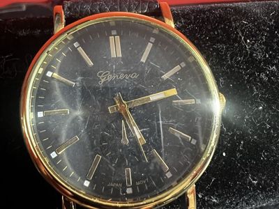 Geneva Quartz Watch Black Dial Gold Tone Case Black Faux Leather Strap