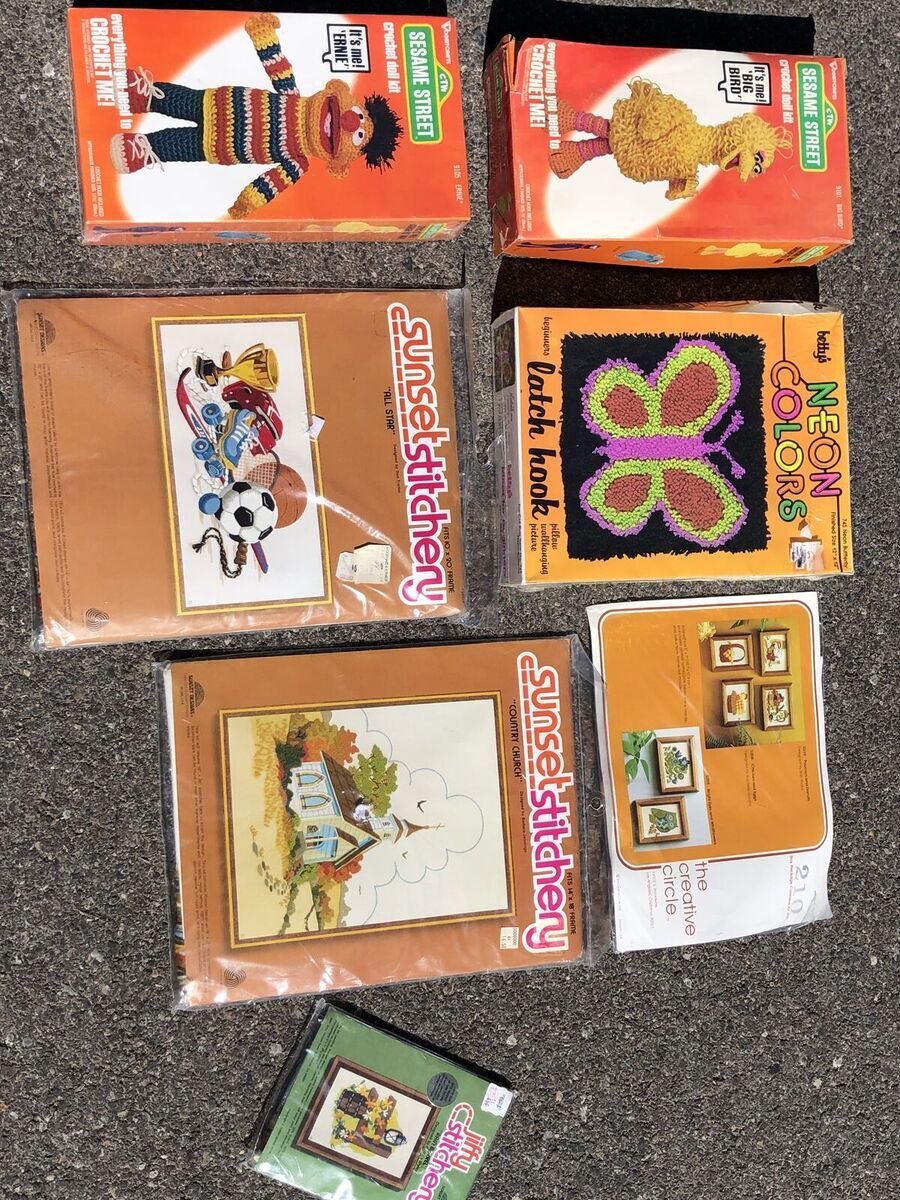 Brand new, Vintage cross stitch needlepoint kits. Cross-stitching Mid Century crafting Sesame Street, Big Bird, Ernie