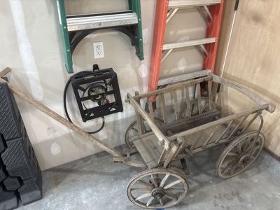Vintage Wooden Hand Cart Wagon with Spoked Wheels and Pull Handle