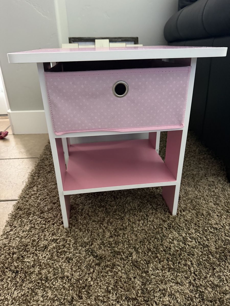 Pink and White Nightstand with Fabric Storage Bin Drawer and Lower Shelf