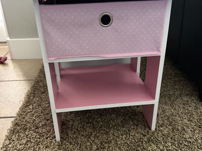 Pink and White Nightstand with Fabric Storage Bin Drawer and Lower Shelf