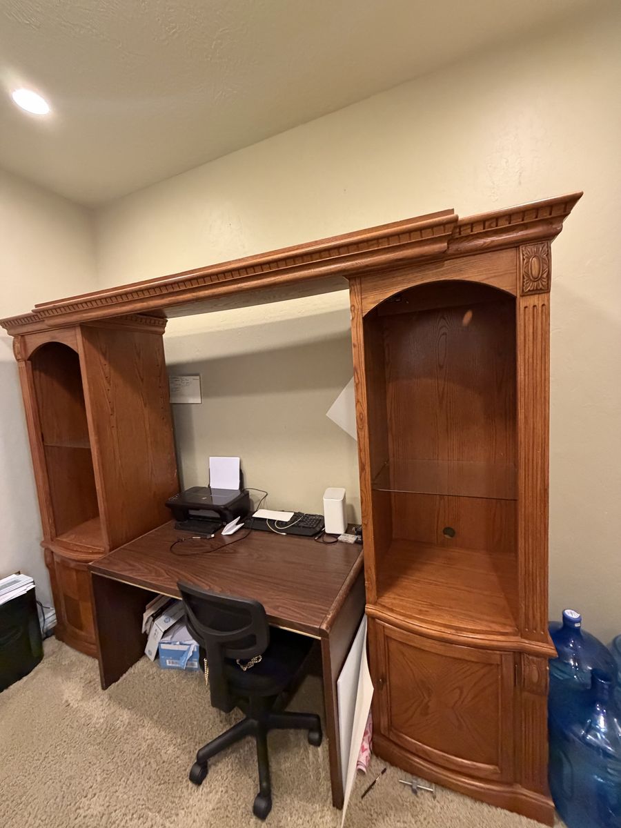 Large Wooden Office Desk Hutch with Side Shelving and Integrated Lighting - Used