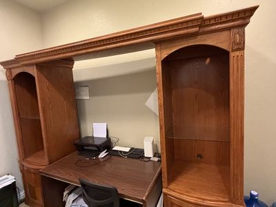 Large Wooden Office Desk Hutch with Side Shelving and Integrated Lighting - Used
